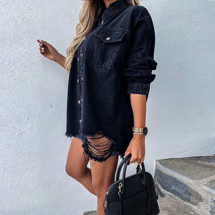 Batwing Sleeve Boyfriend Denim Shirts Jackets Coats Ripped Hole Loose Cardigans Button Jeans Blouses Women Outerwear Tops - BlackFridayBuys