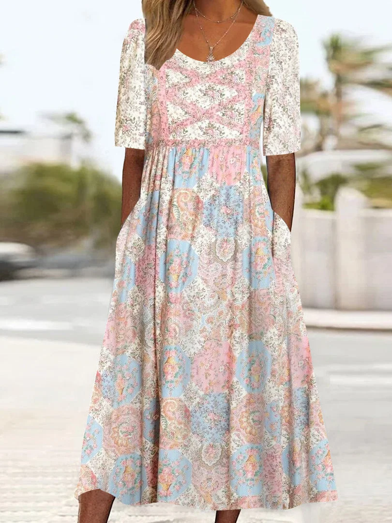 Women's Half Sleeve Scoop Neck Floral Printed Pockets Midi Dress