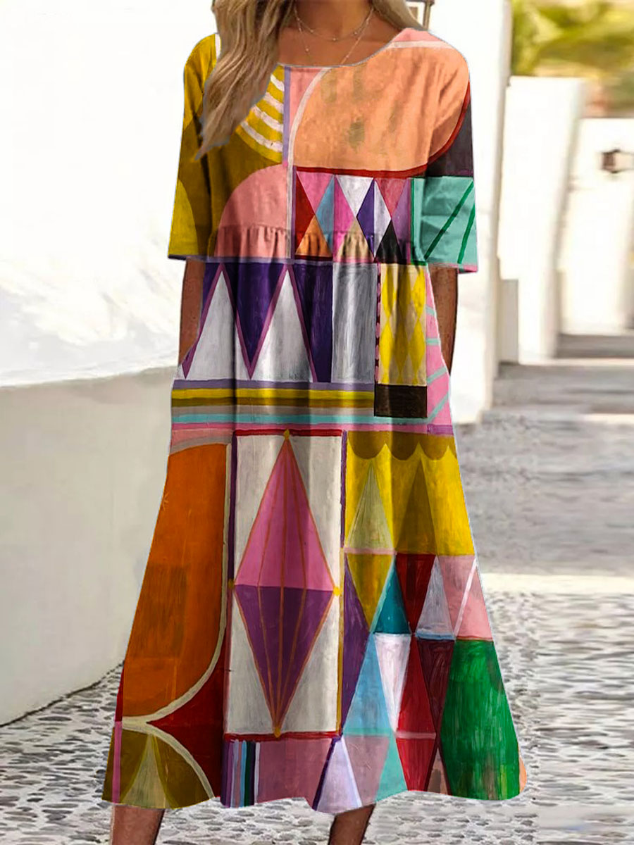 Women's Vintage Abstract Geometric Line Art Print Pocket Cotton Dress