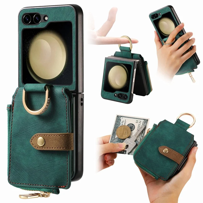 Retro Leather Wallet Phone Case With 2 Cards Slot,Zipper Slot,Finger Ring For Galaxy Z Flip3/Z Flip4/Z Flip5