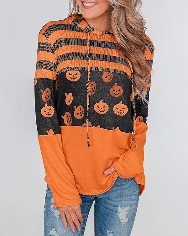 Pumpkin Print Color Block Splicing Drawstring Hoodies