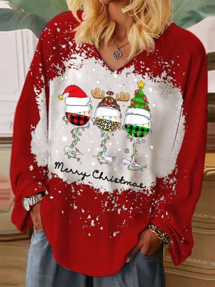 Vefave Christmas Wine Glass Print Loose Tie Dye Tunic