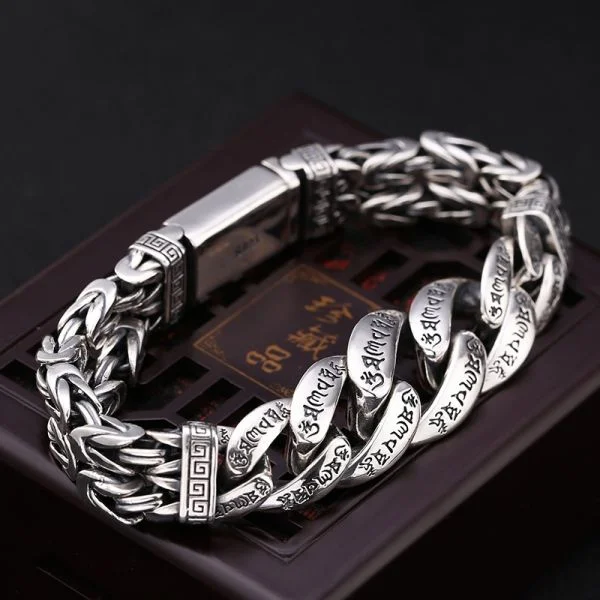 Sterling Silver Sanskrit Buddhist Mantra Curb Chain Bracelet