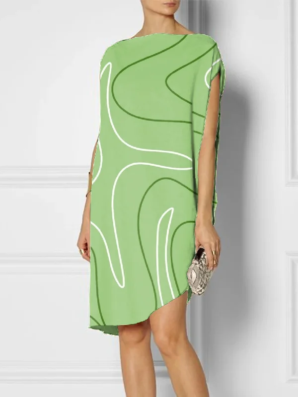 Casual Short Sleeves Stamped Asymmetric Round-Neck Mini Dresses