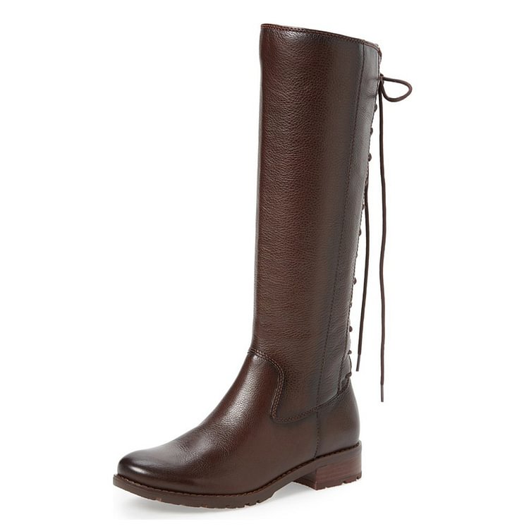 Brown Riding Boots Vegan Leather Round Toe Back Lace up Knee Boots |FSJ Shoes