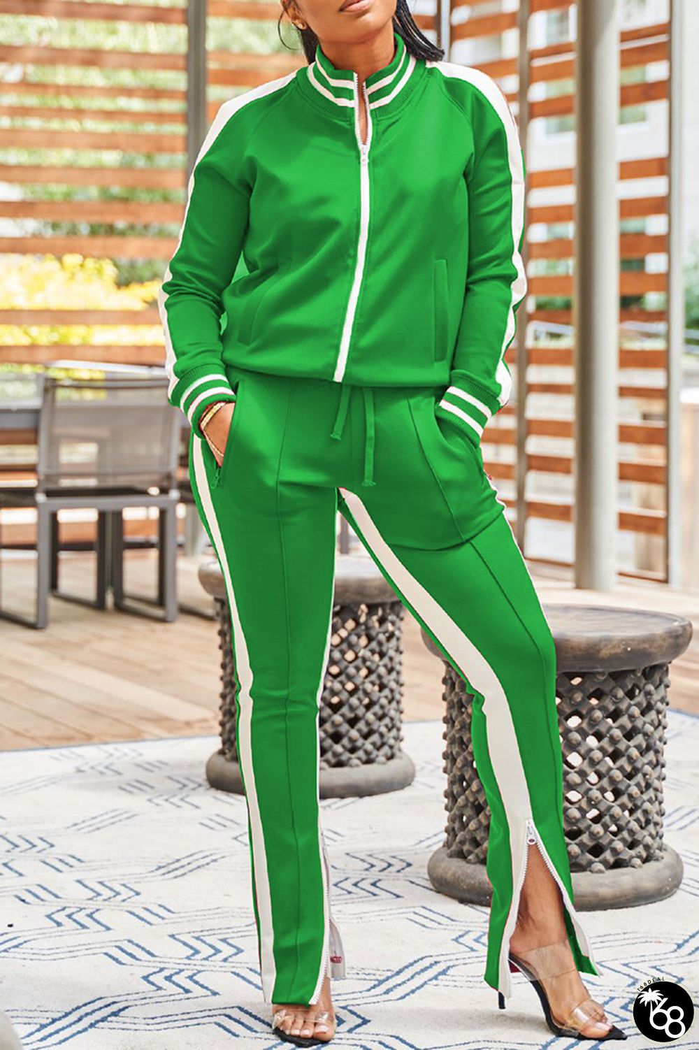 Green Casual Solid Patchwork Slit Zipper Collar Long Sleeve Two Pieces | 168DEAL