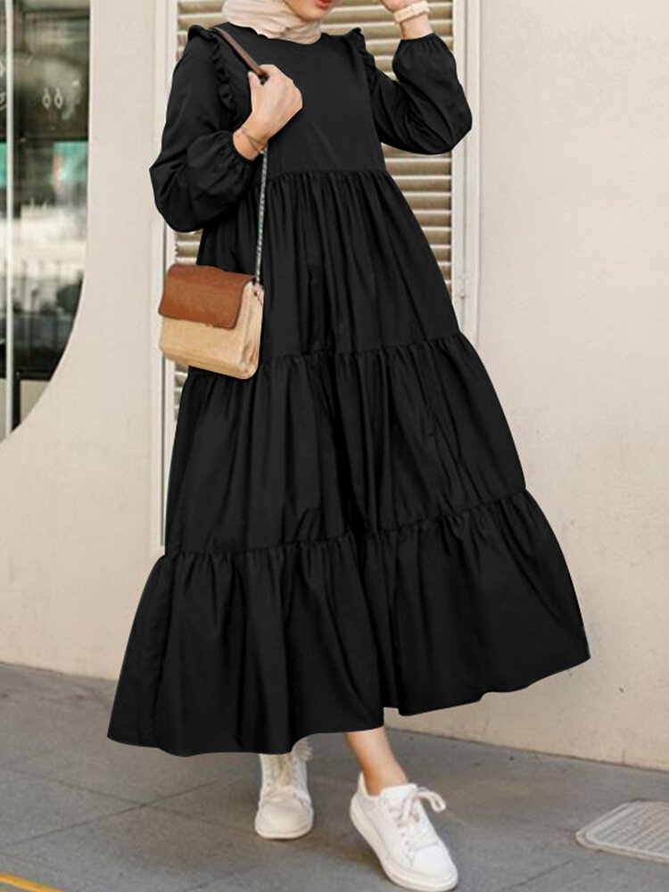 Solid Color Layered Long Sleeve Pleated Dress