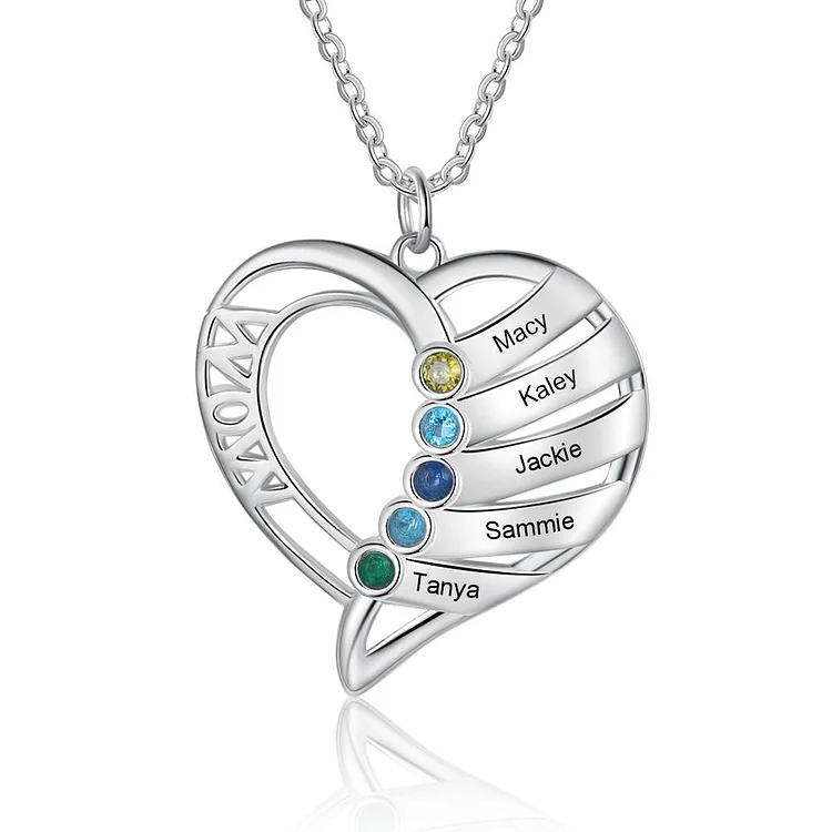Mom Necklace Personalized with 5 Stones Engraved 5 Names Heart Charm Gifts for Her