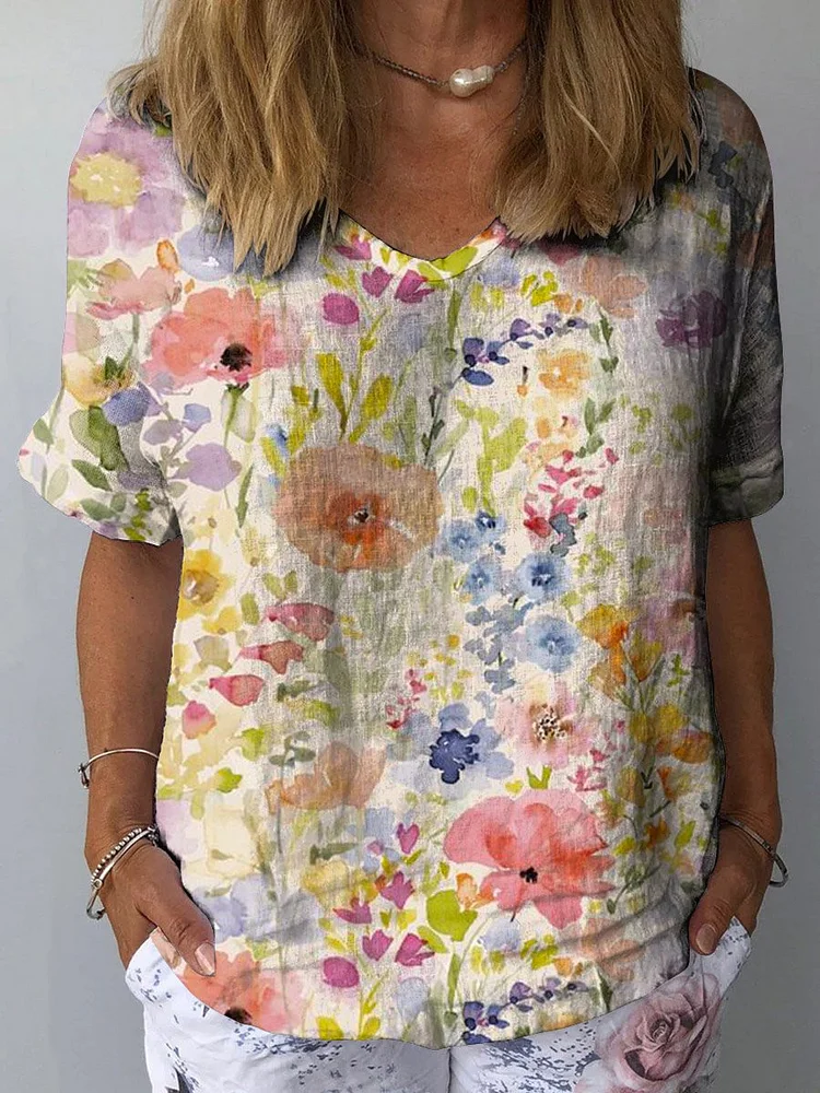 Women's Retro Floral Watercolor Art Print Casual Cotton And Linen Shirt