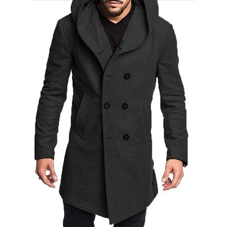 Casual Double Breasted Pocket Long Sleeve Solid Hooded Trench Coat