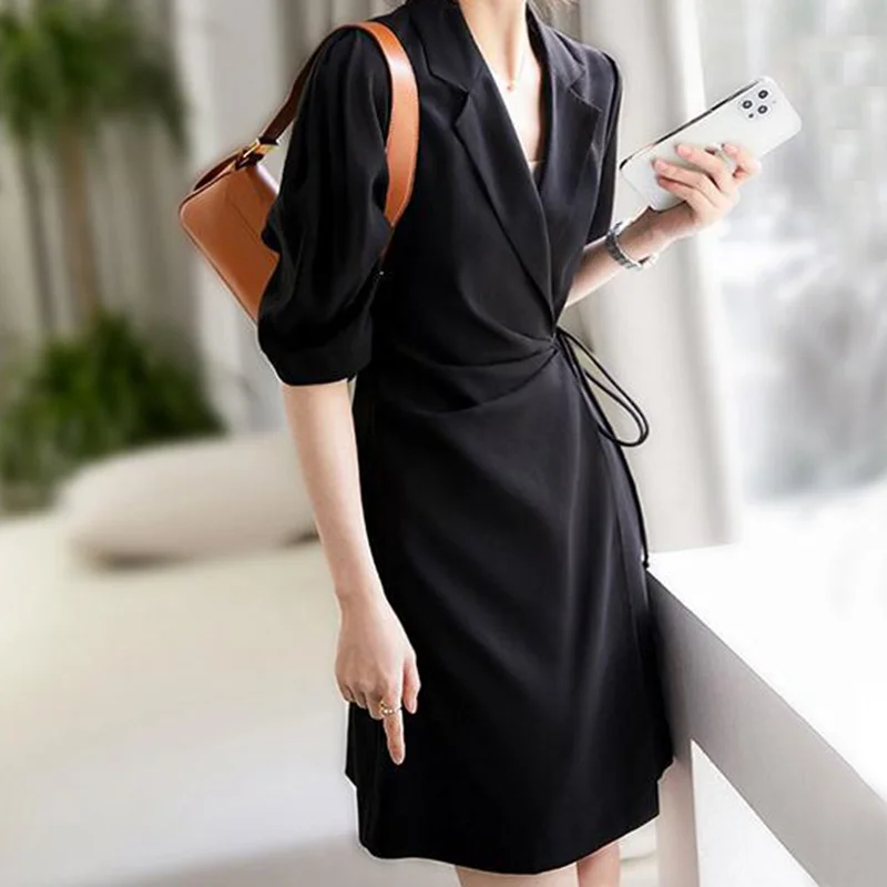Abebey Black Khaki Wrap Front Tie Side Blazer Dress