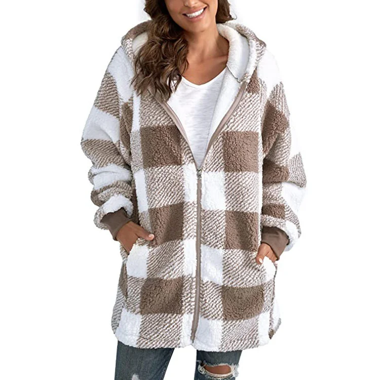 Casual Plaid Hooded Zippered Fleece Coat