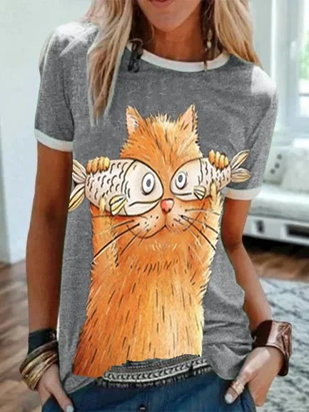 Bestdealfriday Printed Crew Neck Cotton Blend Casual Shirts Tops 8903366