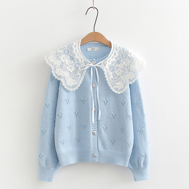 Lace Doll Collar Hollow Out Pure Color Cardigan Sweater