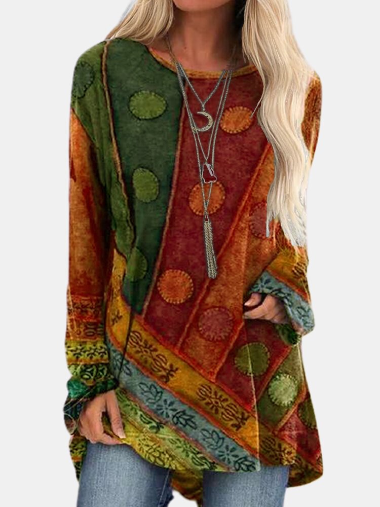 Vintage Print Long Sleeve O neck T shirt P1760250