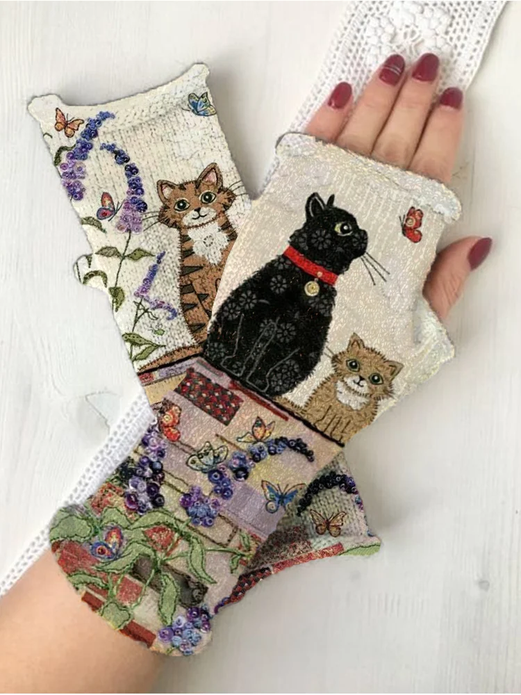 Retro Animal printing knit fingerless Cat gloves