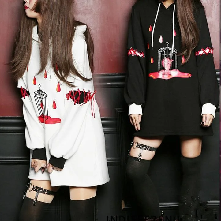 Black/White Gothic Caged Love Oversized Long Version Fleece Hoodie Jumper SP178939