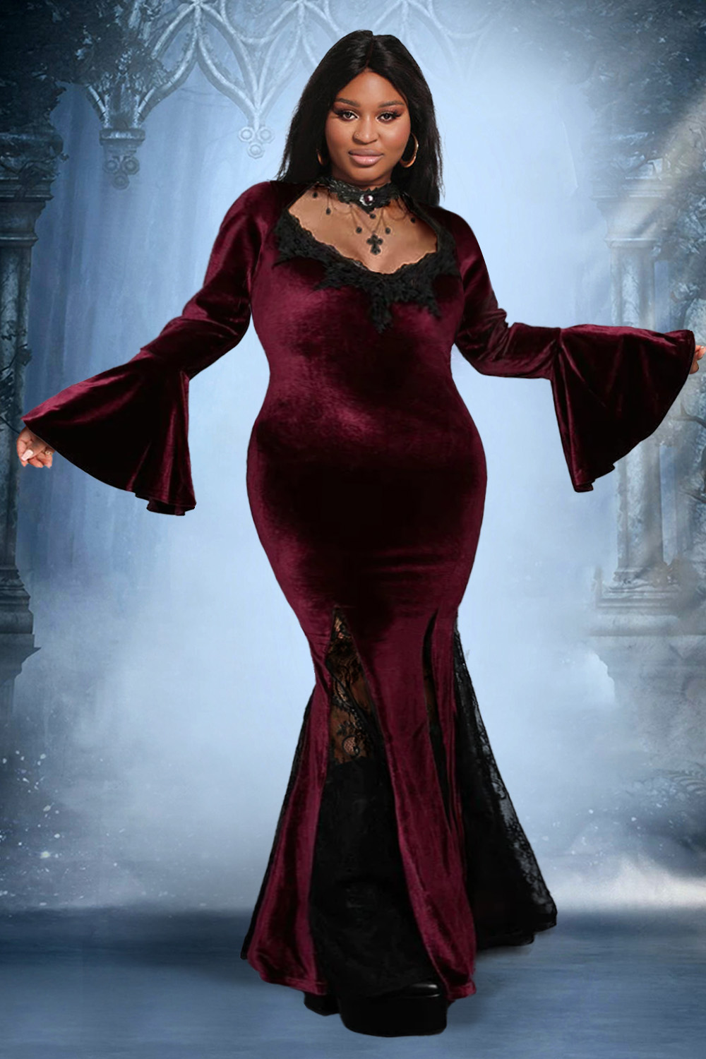 burgundy dress costume Plus Size Halloween Witches Gothic Costume Burgundy Trumpet Sleeve Velvet Lace Maxi Dress
