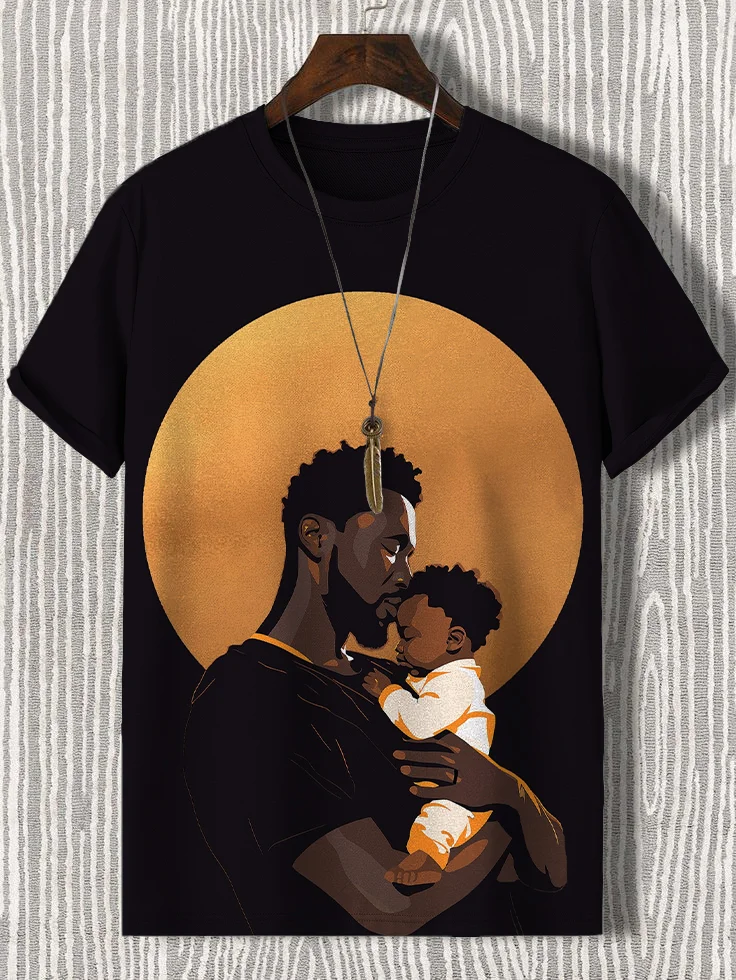 Men's Black Father's Day Art Print Casual T-Shirt