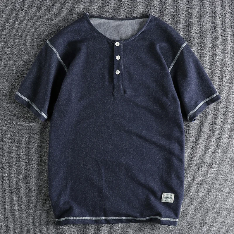 Vintage Henley Collar Denim Short Sleeve T-Shirt