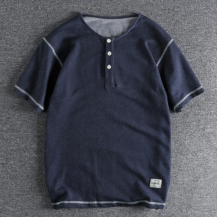 TIMSMEN Vintage Henley Collar Denim Short Sleeve T-Shirt