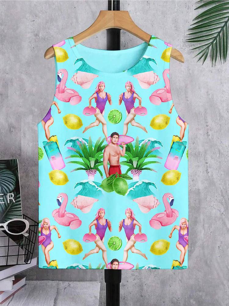 Men's Hawaiian Vacation Style Flamingo Print Tank Top