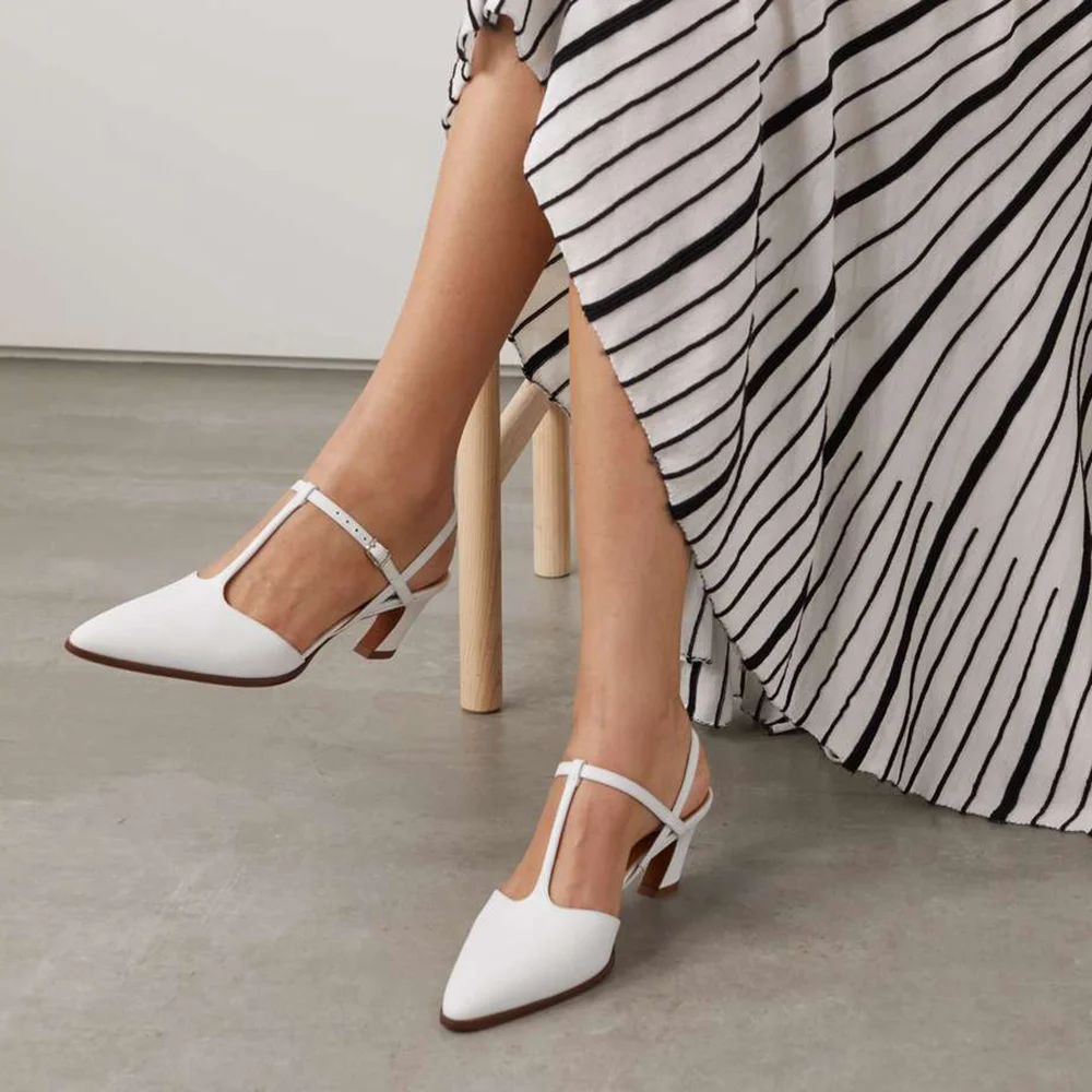 White Vegan Leather Closed Toe T-Strappy Pumps With Chunky Heels Nicepairs
