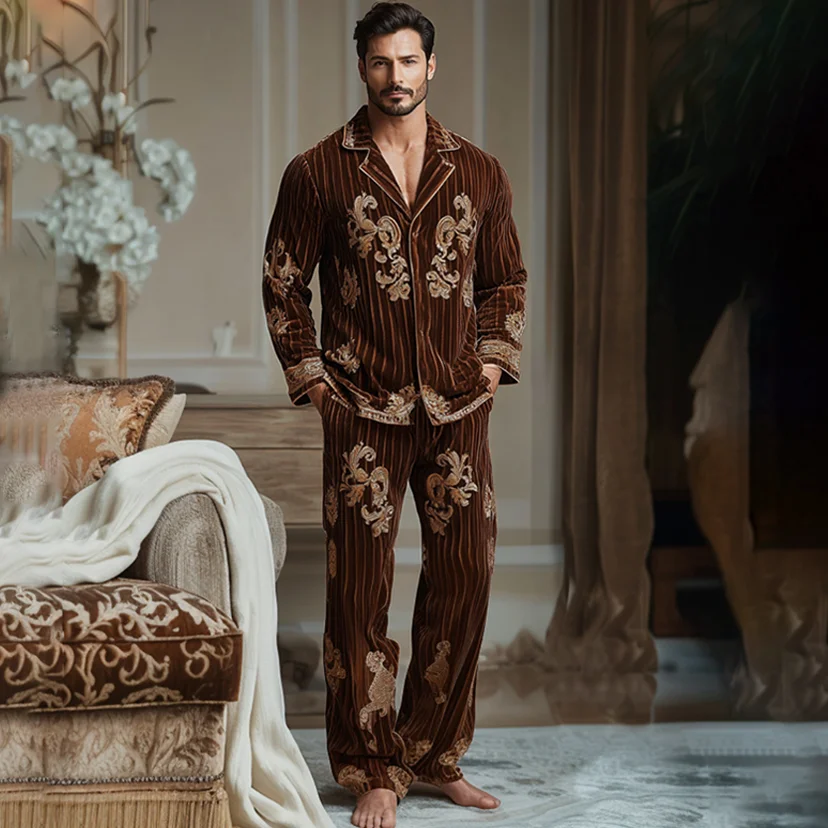 Men's Flannel Baroque Vertical Stripe Pajamas Suit-inspireuse