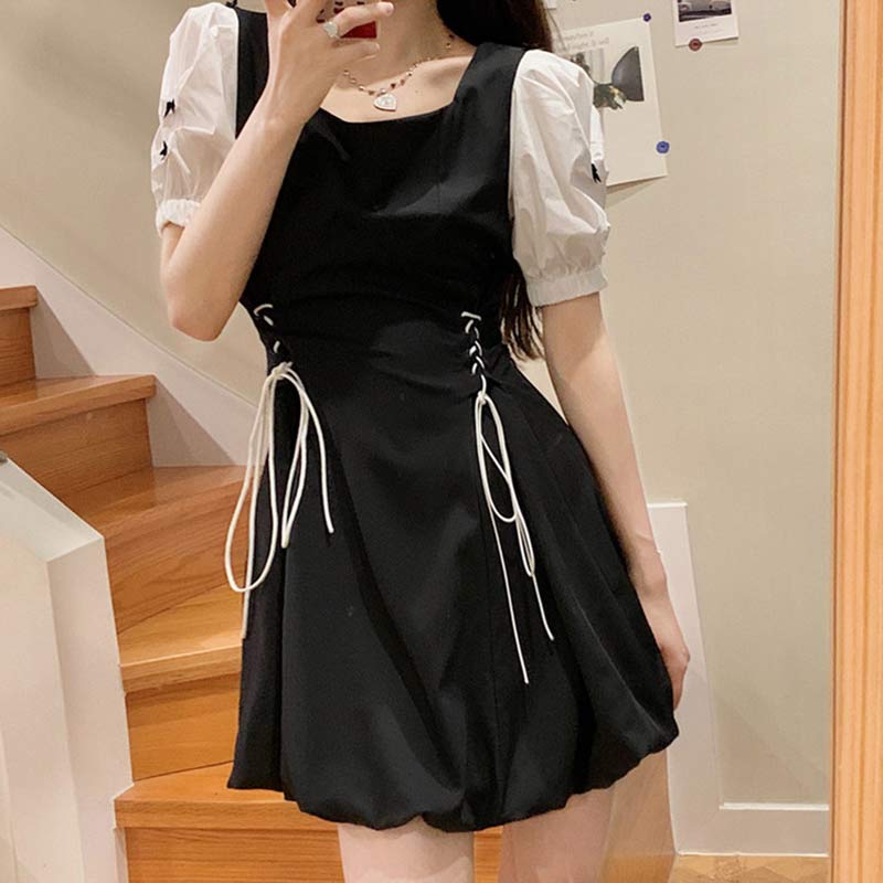 Lace Up Puff Sleeve A-line Dress