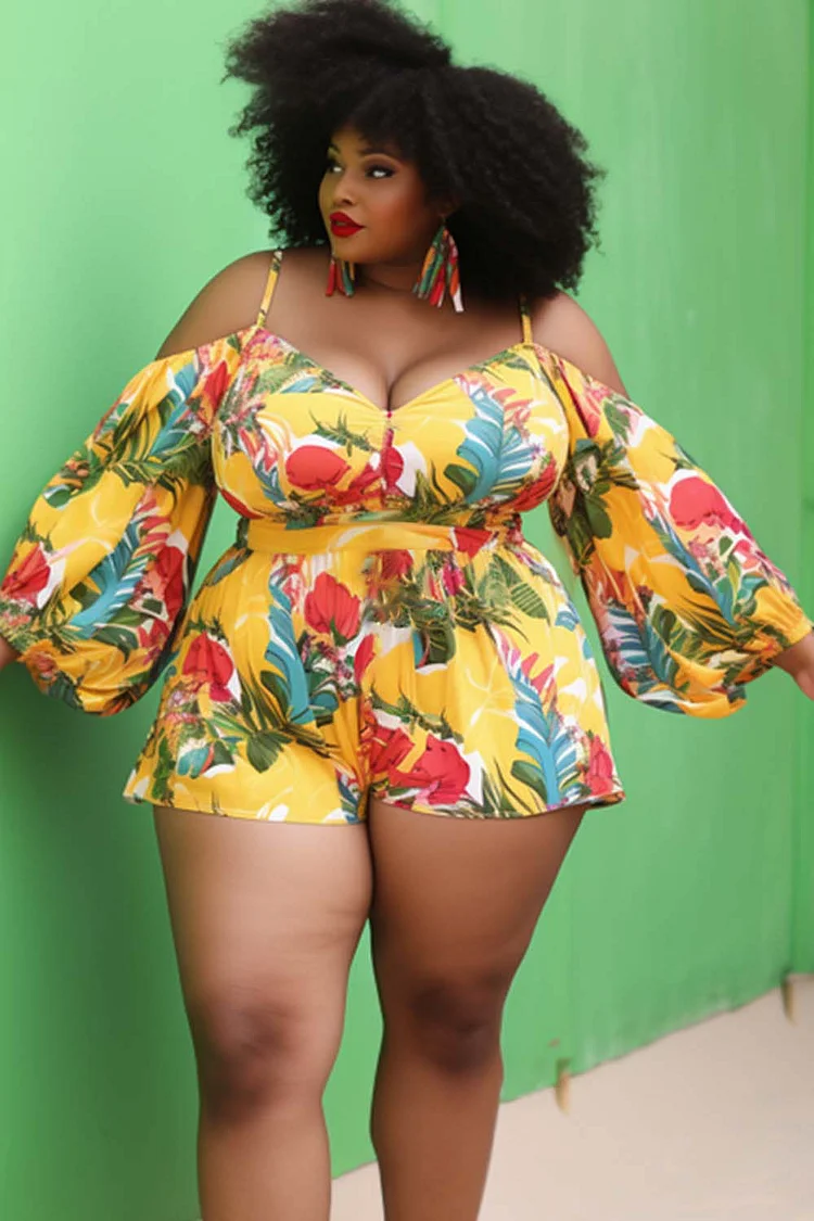 Xpluswear Design Plus Size Daily Yellow Tropical Print V Neck Open Shoulder Long Sleeve Cut Out Rompers [Pre-Order]