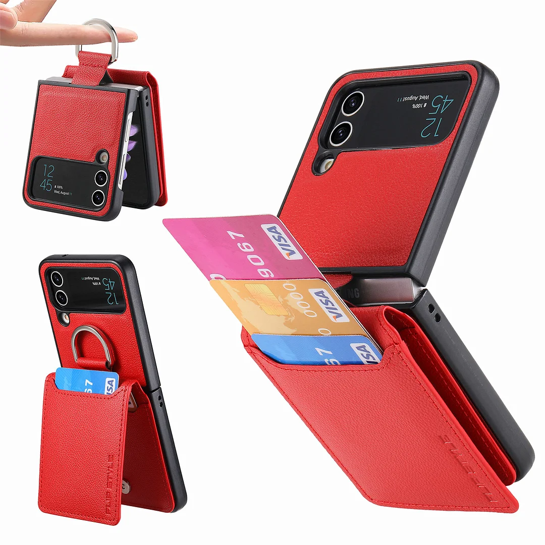 Magnetic Leather Phone Case With 3 Cards Slot,Kickstand And Finger Ring For Galaxy Z Flip3/Z Flip4/Z Flip5