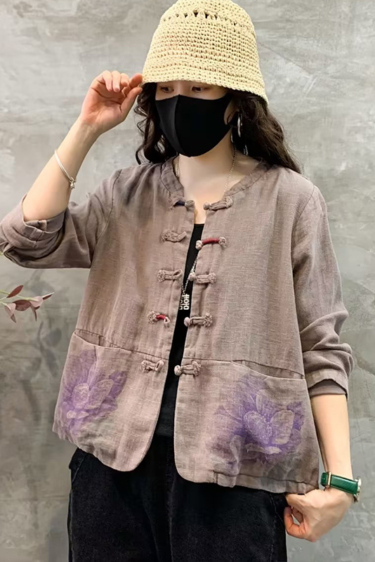 Fall New Button Down Cropped Cardigan Linen Print Coat