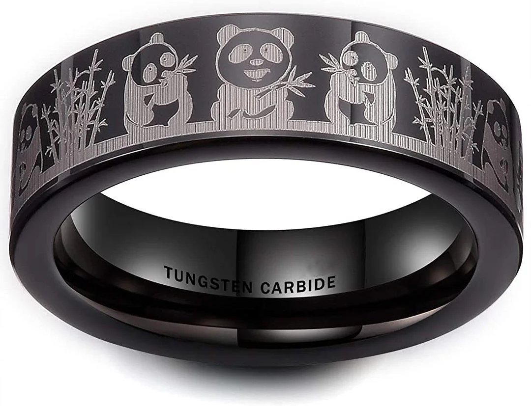 Women Mens Black Tungsten Carbide Rings 6mm 8mm Tungsten carbon fiber Laser Panda Pattern High Polished  Wedding Bands custom