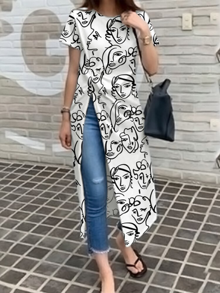 Figure Pattern Split Twist Round Neck Short Sleeve Casual T-Shirt
