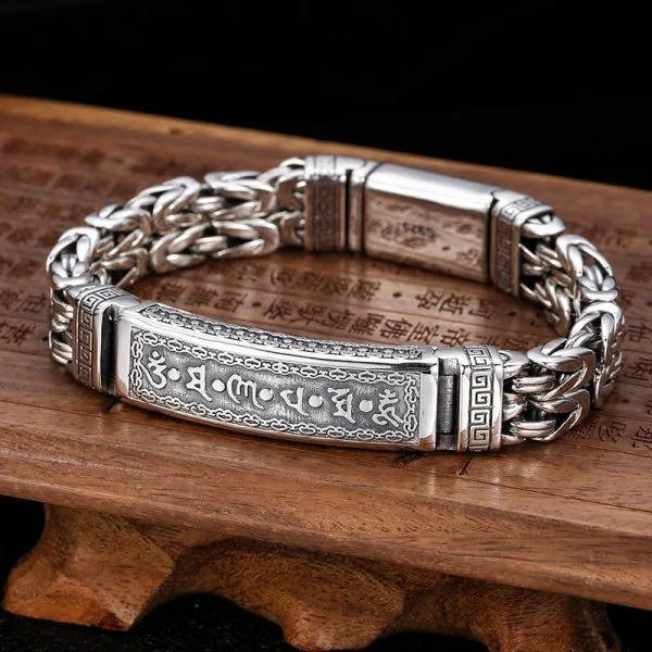 Sterling Silver Buddhist Mantra Byzantine Chain Bracelet