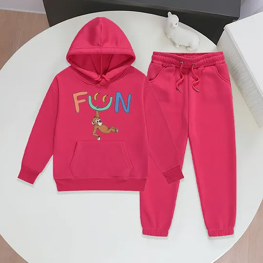 【2Y-13Y】Festive Fleece-Lined Hoodie And Jogger Set With Fun Banana Monkey Cartoon Design For Kids