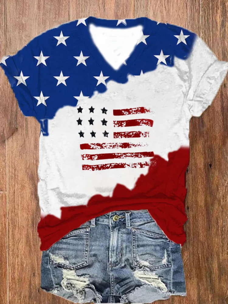 Women's 4th Of July Flag Print V-Neck Casual T-Shirt