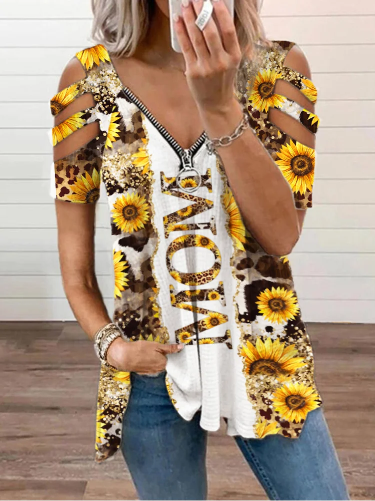 Comstylish MAMA Sunflower Leopard Print V-Neck Off-Shoulder Zip T-Shirt