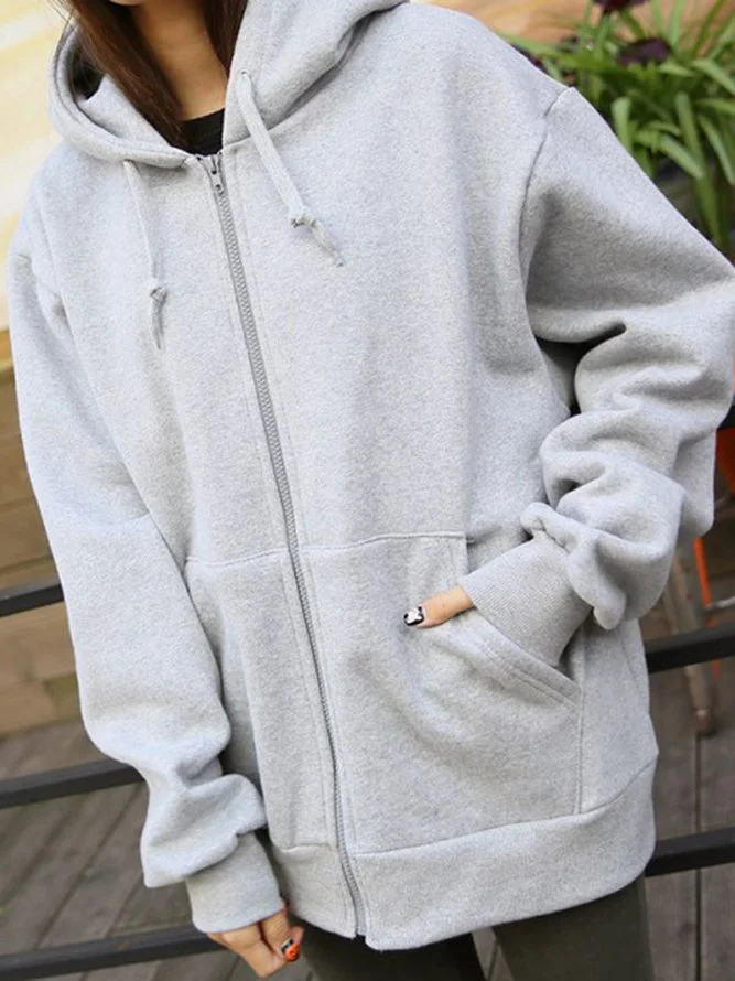 Pockets Solid Zipper Casual Hoodie Zaesvini