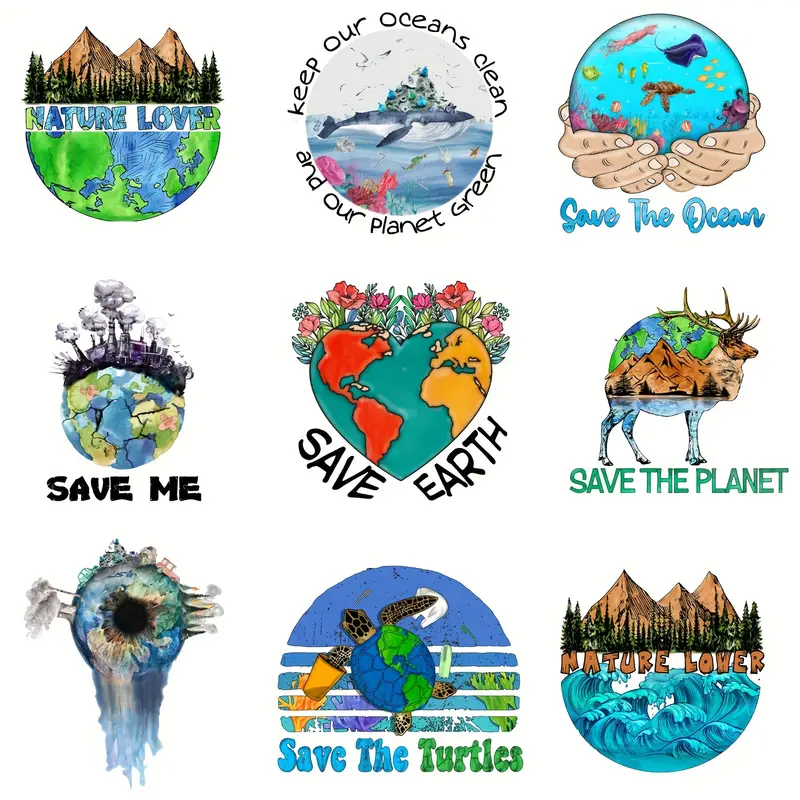 9PCS Save The Earth Themed Heat Transfer Stickers Washable Transfer Stickers For DIY Outdoor Sports Jackets T-Shirts Cowboy Hats Backpack Decoration Applique Patches-Guru-buzz
