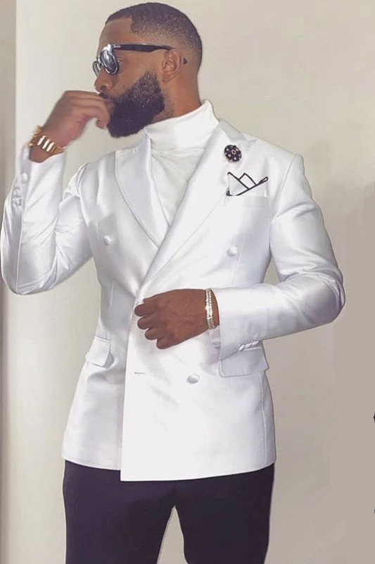 Dresseswow White Peaked Lapel Double Breasted Wedding Groom Suits