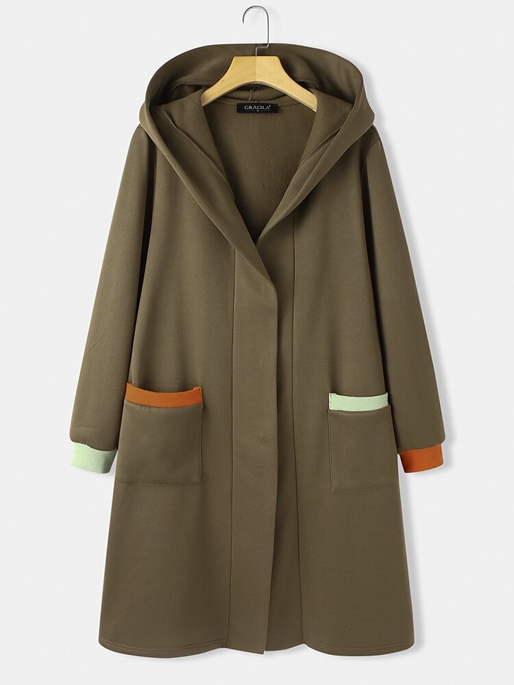 Patch Color Pocket Hooded Vintage Coat Long Jacket For Women
