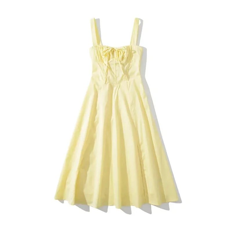 Tlbang 2024 Women French Style Yellow Sling Dress Sexy Sleeveless Cross Lacing Up Back Slit Hem Elegant Ladies Dresses