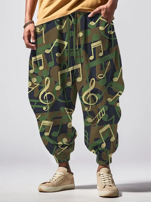 Men's Music Note Camouflage Print Loose Drawstring Waist Sweatpants