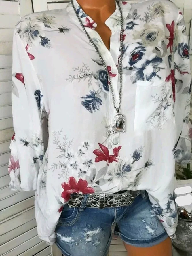Floral Long Sleeve V neck Cotton Blouse Zaesvini