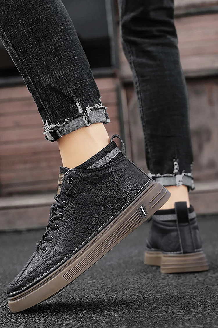 Faux PU Leather Patchwork Lace Up Mid Top Martin Boots