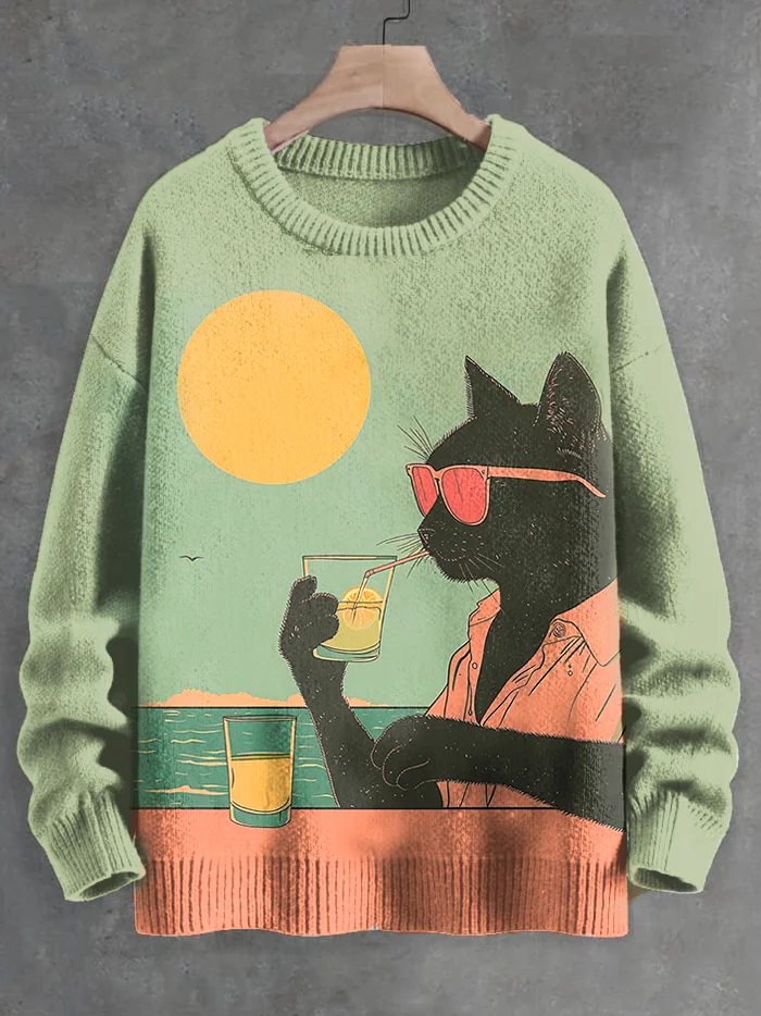 Men's Sunset Seaside Black Cat Drinking Art Knit Sweatshirt