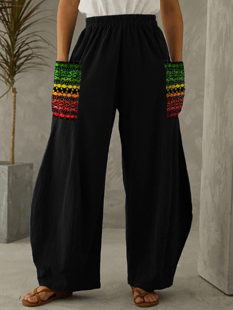 Black Pride Ethnic Patch Pocket Wide Leg Pants