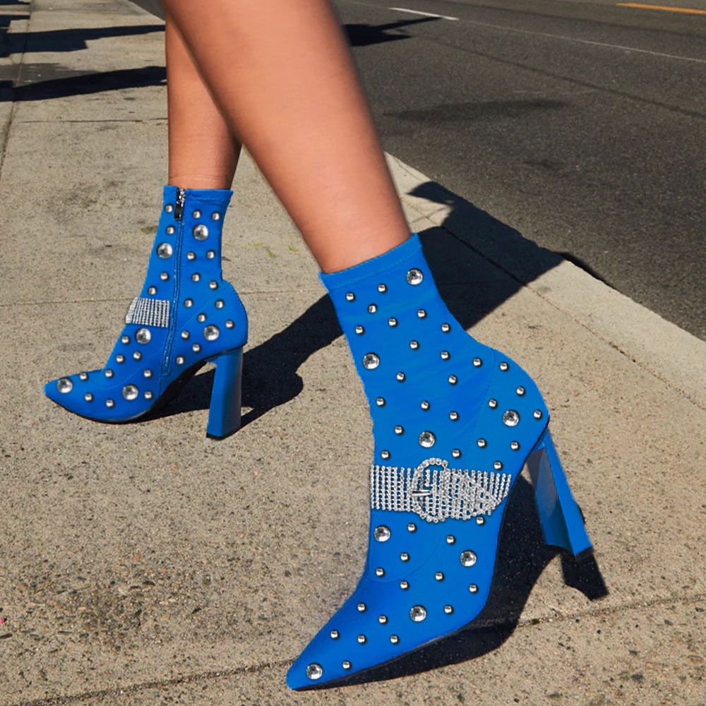 Blue Bow Splicing Zippered Chunky Boots Pointed Toe