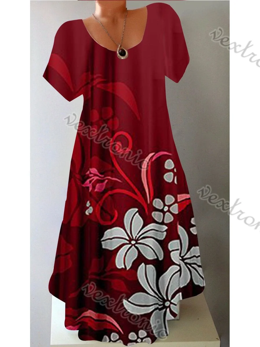 Women's Fashion Round Neck Short Sleeve Floral Printed Graphic Midi Dress